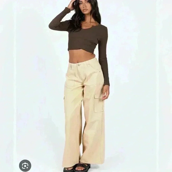 Princess‎ Polly Cream Denim Wide Leg Cargo Pants, NWT, Size 6 - Picture 1 of 12